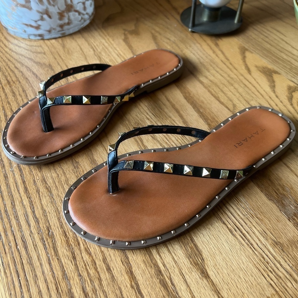Black Leather Studded Thong Sandals - Brown Footbed